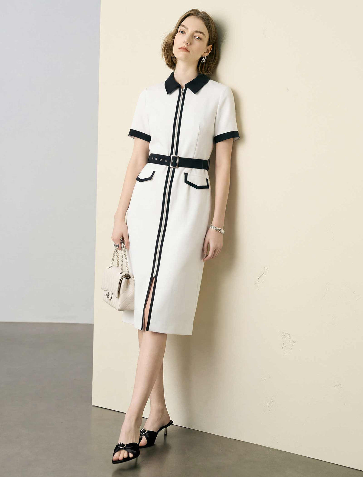 Contrast Collar Zip Front Belted Pencil Midi Office Dress