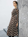 Geometric Print Crewneck Twist-Waist Long Sleeve A-Line Midi Dress