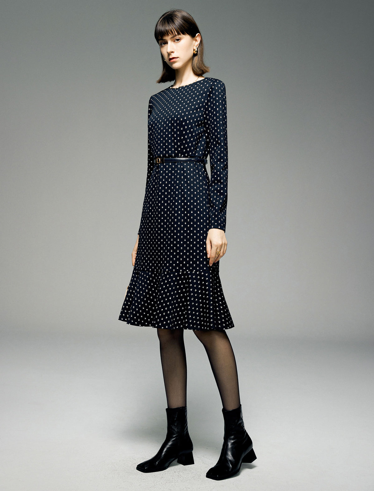 Polka Dot Round Neck Mermaid Long-Sleeve Midi Dress