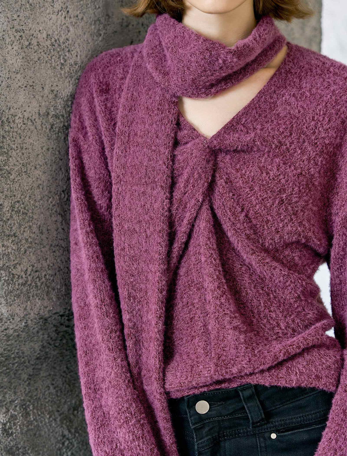 Detachable Scarf-Neck Fuzzy Knit Sweater