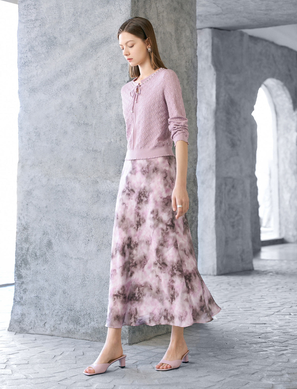 Tencel Eyelet Knit Tie-Neck Sweater