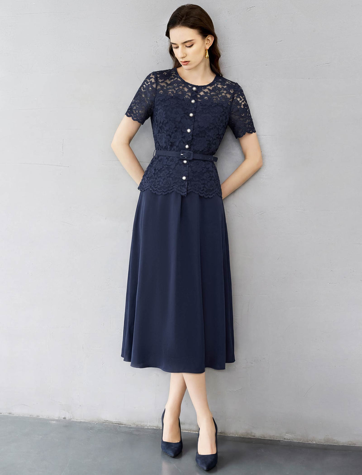 Navy Lace Mock Two-Piece Belted Midi Dress
