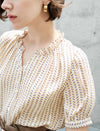 Ruffle Collar Striped Puff Sleeve Short Sleeve Top
