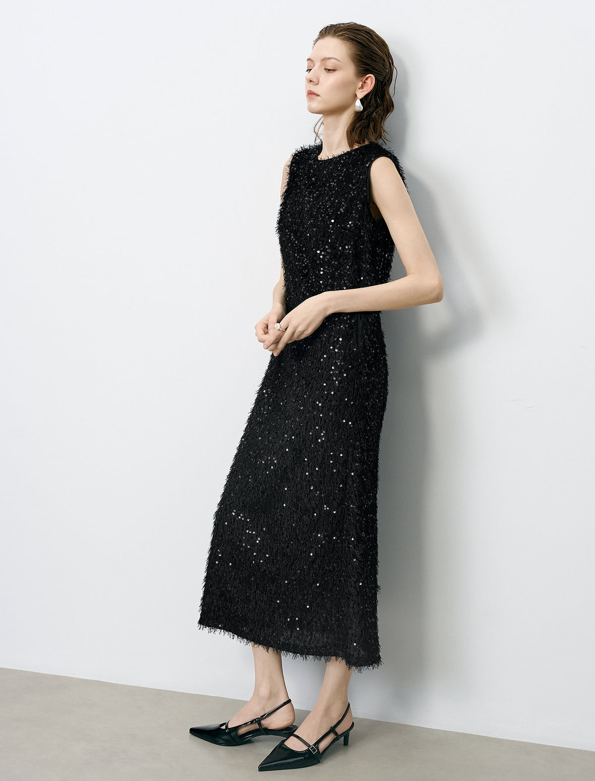Black Sequin Sleeveless Midi Dress