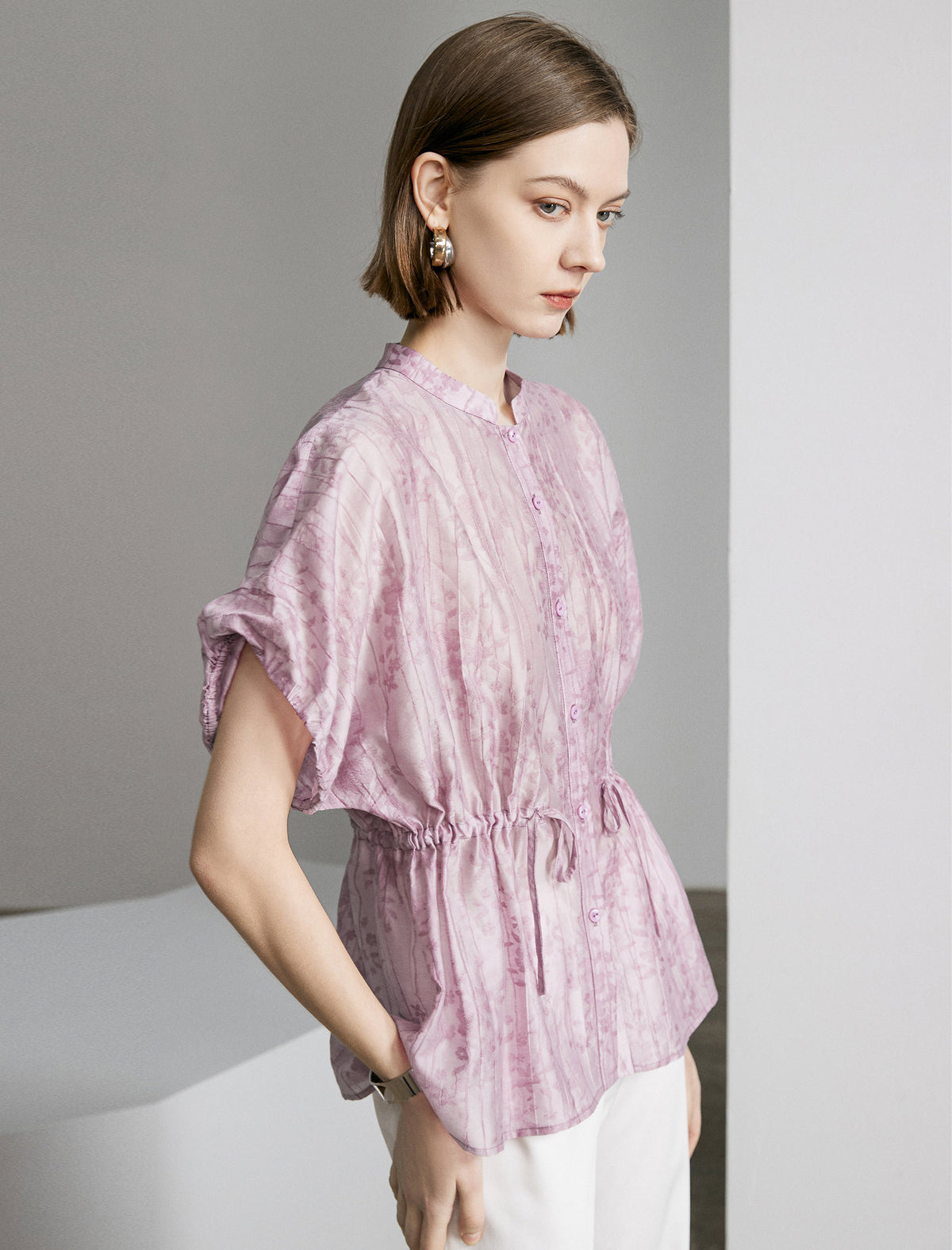 Textured Floral Drawstring Waist Top