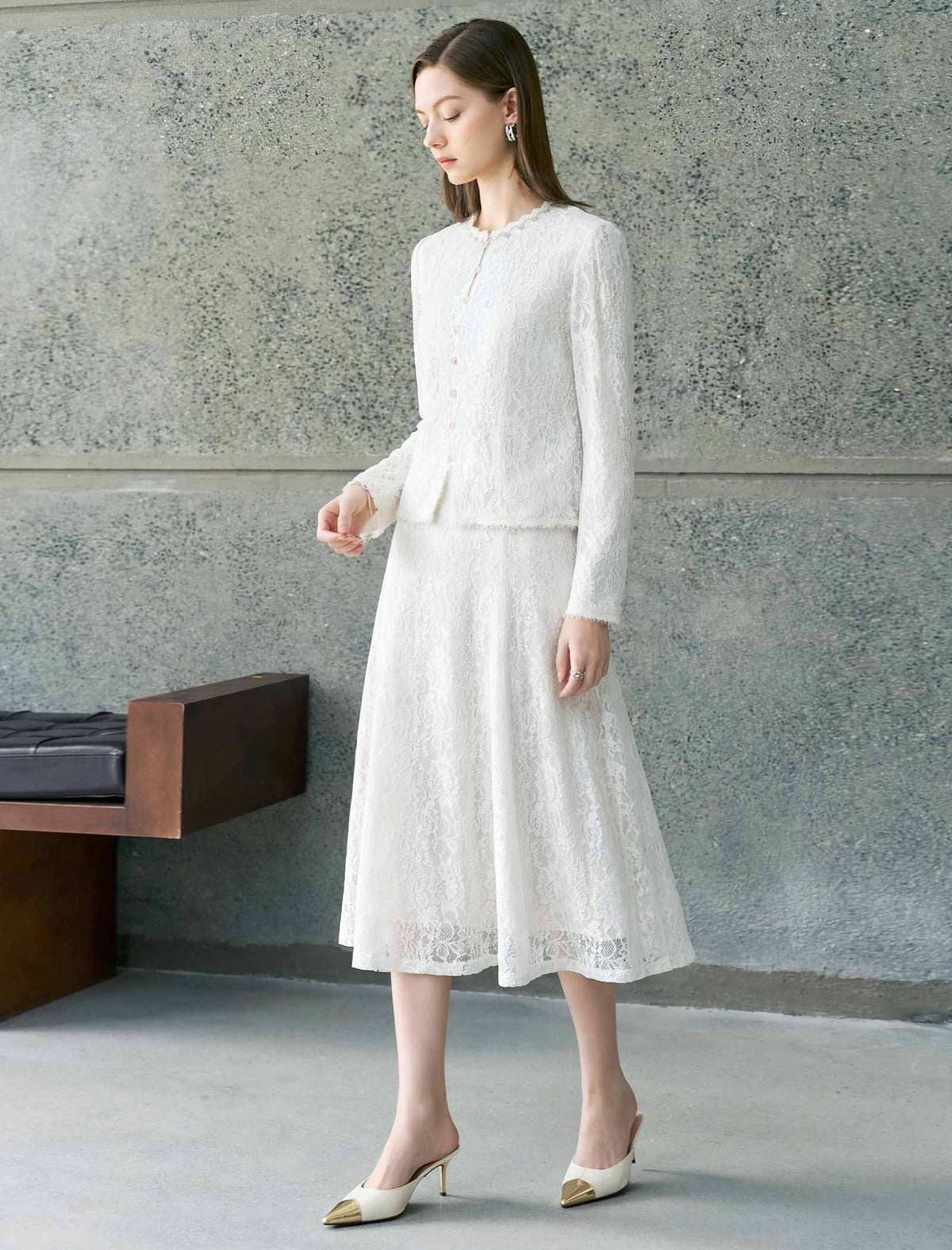 Beaded‑Trim Lace Long‑Sleeve Top