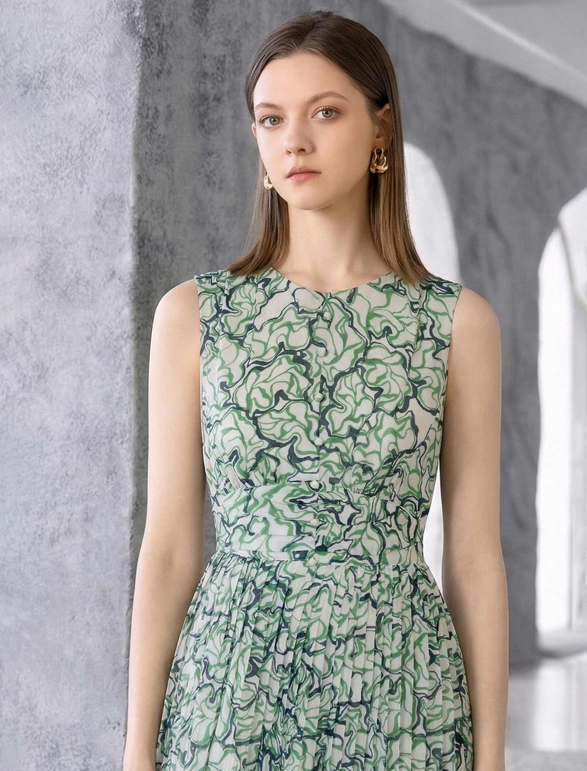 Sage Green Abstract Print Sleeveless Midi Dress