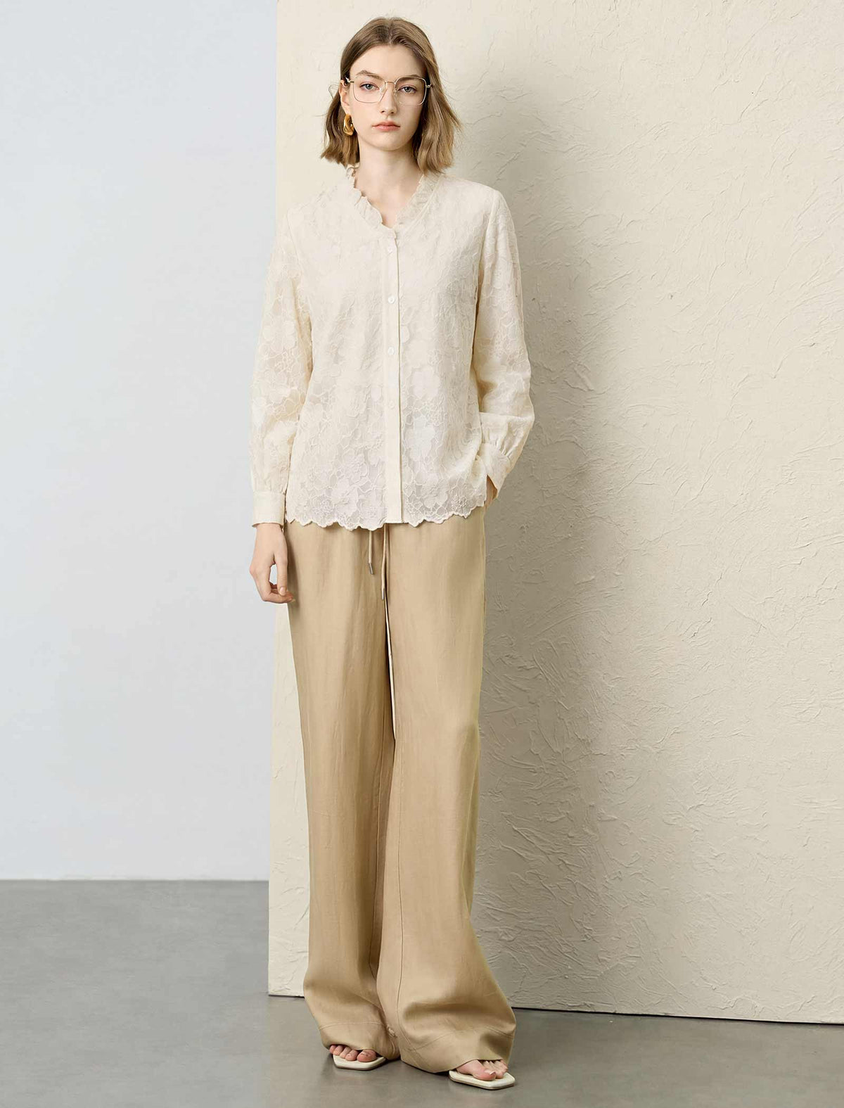 Cream Lace Ruffle Neck Blouse