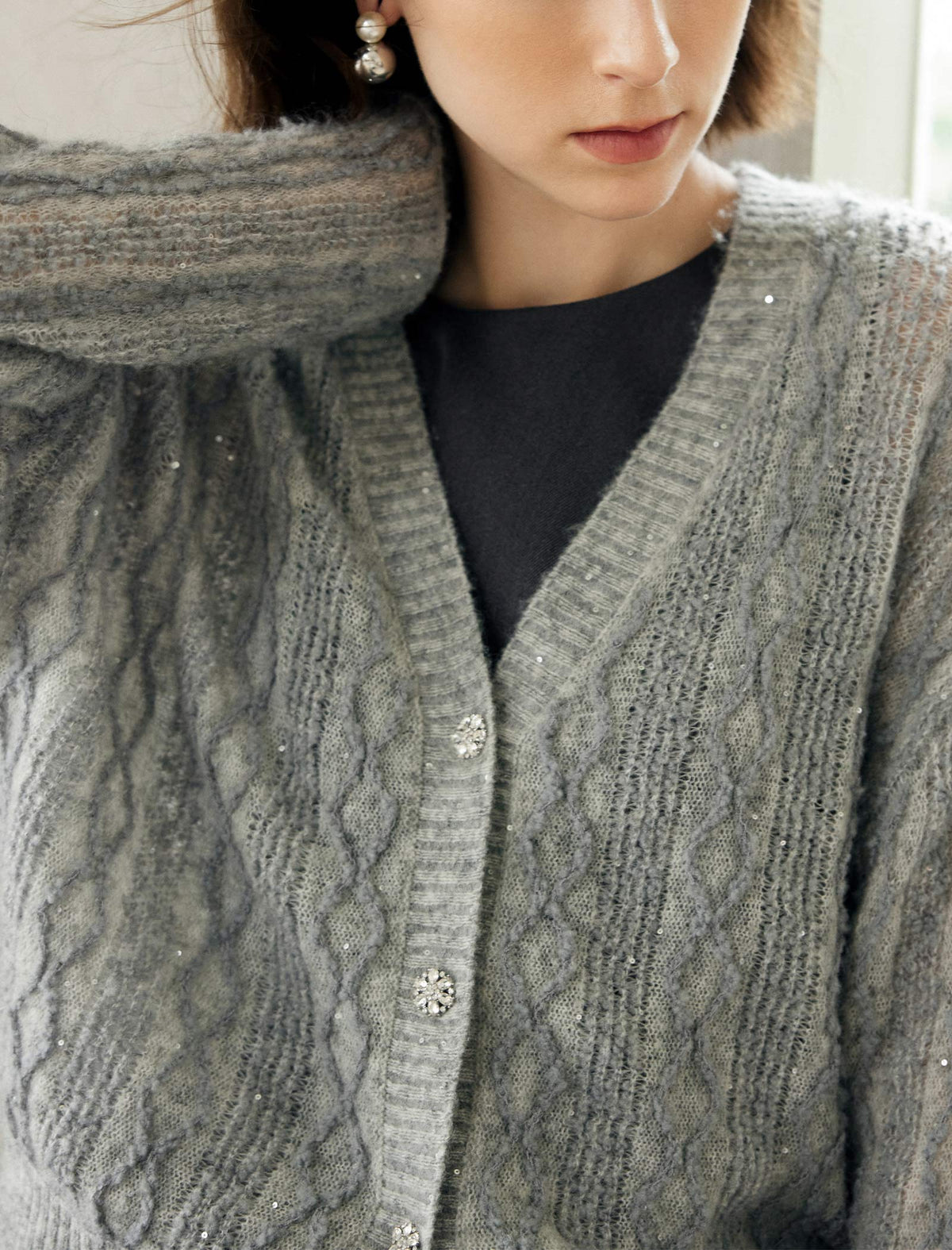 Wool Blend Sequin Cable Knit Cardigan