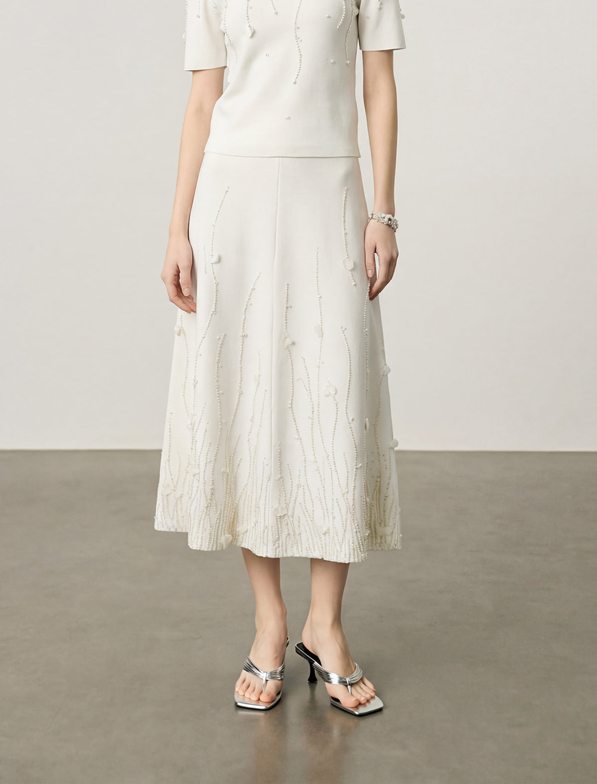 Beaded Embellished Wool Midi Skirt