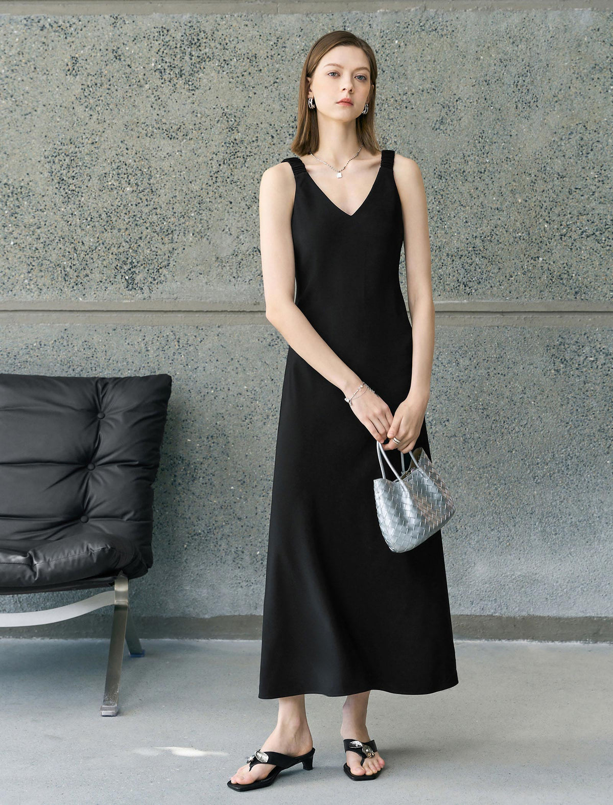 Solid Color V-Neck Slip Maxi Dress