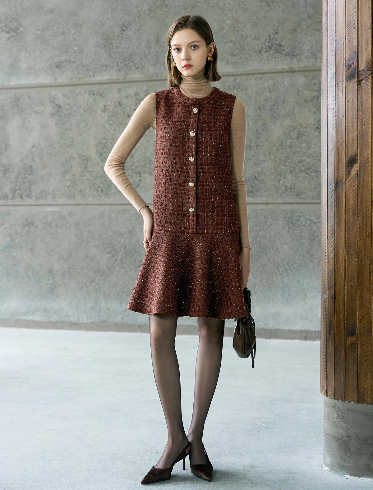 Brown Vintage Round Neck Sleeveless Dress