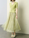 Light Green Tulle Pleated Midi Skirt