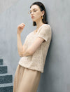Beige Wave Open Knit V-Neck Short Sleeve Top