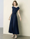 Navy Blue Asymmetric Neck Ruched Knit Top