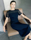 Black Lace Yoke Short Sleeve Waist Ruched Midi Sheath Dress