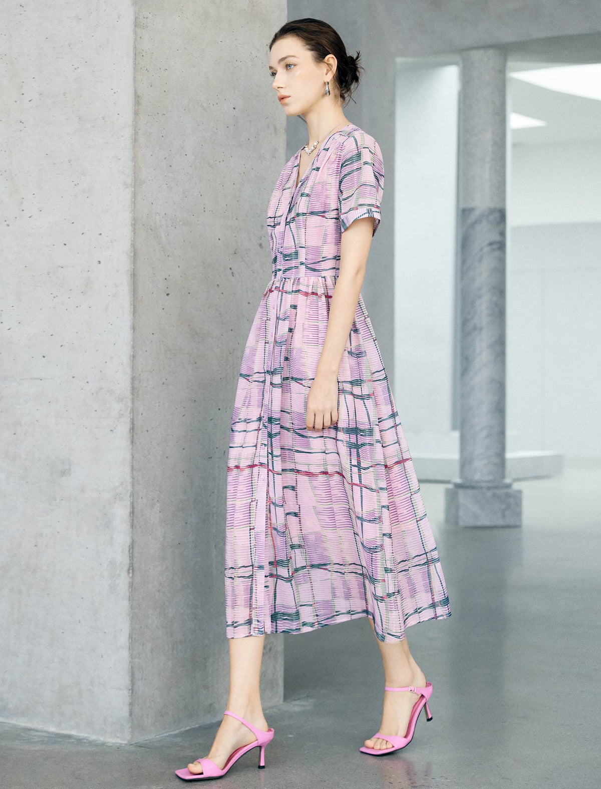 Pink Multi-Color Plaid Short Sleeve Midi Dress