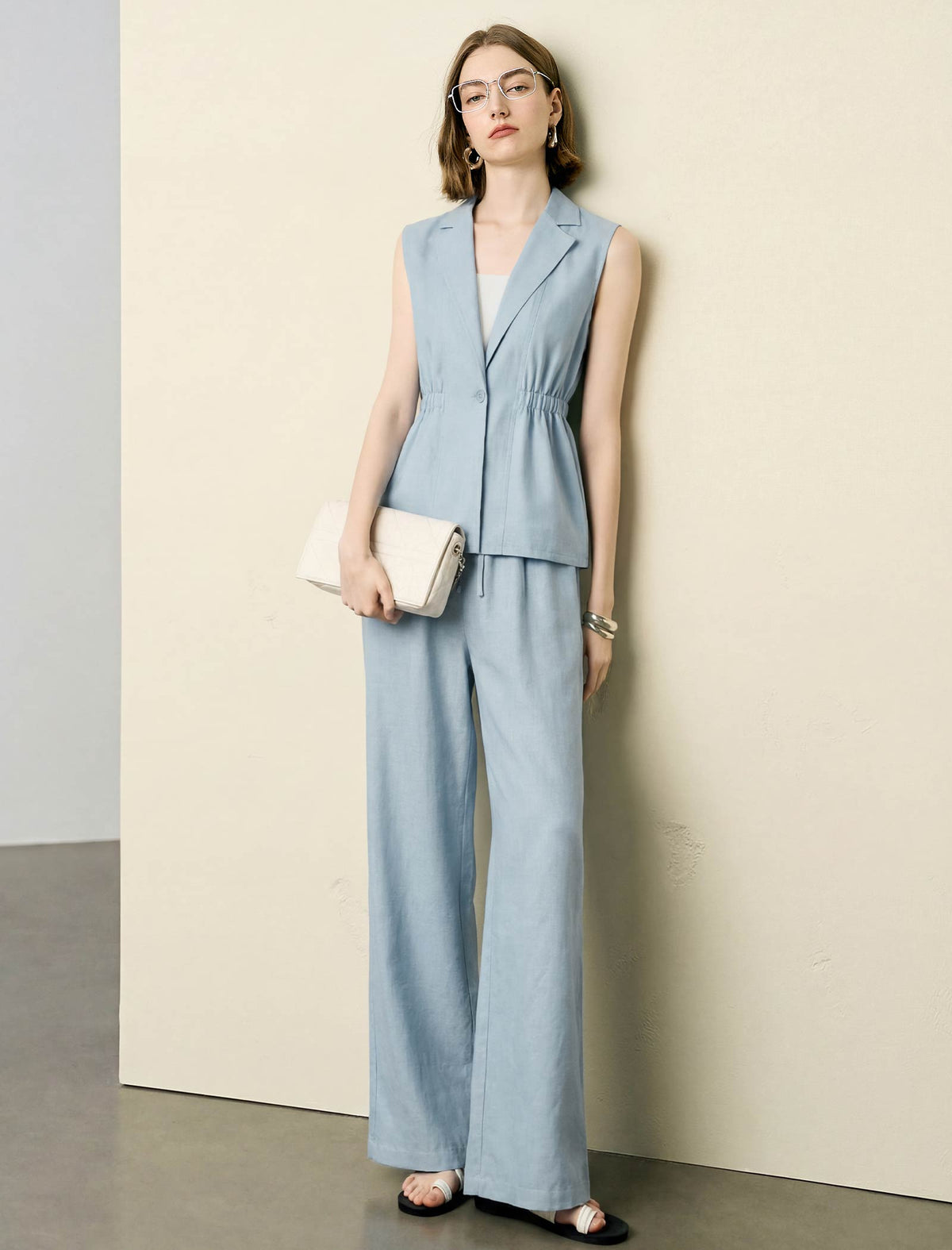 Light Blue Linen-Blend Cinched Waist Vest