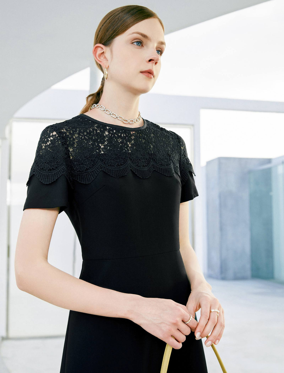 Lace Round Neck Waist-Cinched Dress