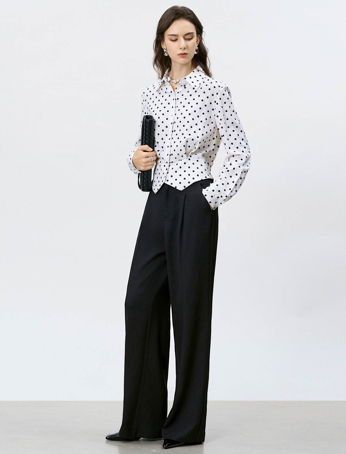 Polka Dot Waist-Cinched Tencel Linen Blouse