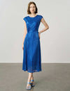 Metallic Blue Cap-Sleeve Midi Dress