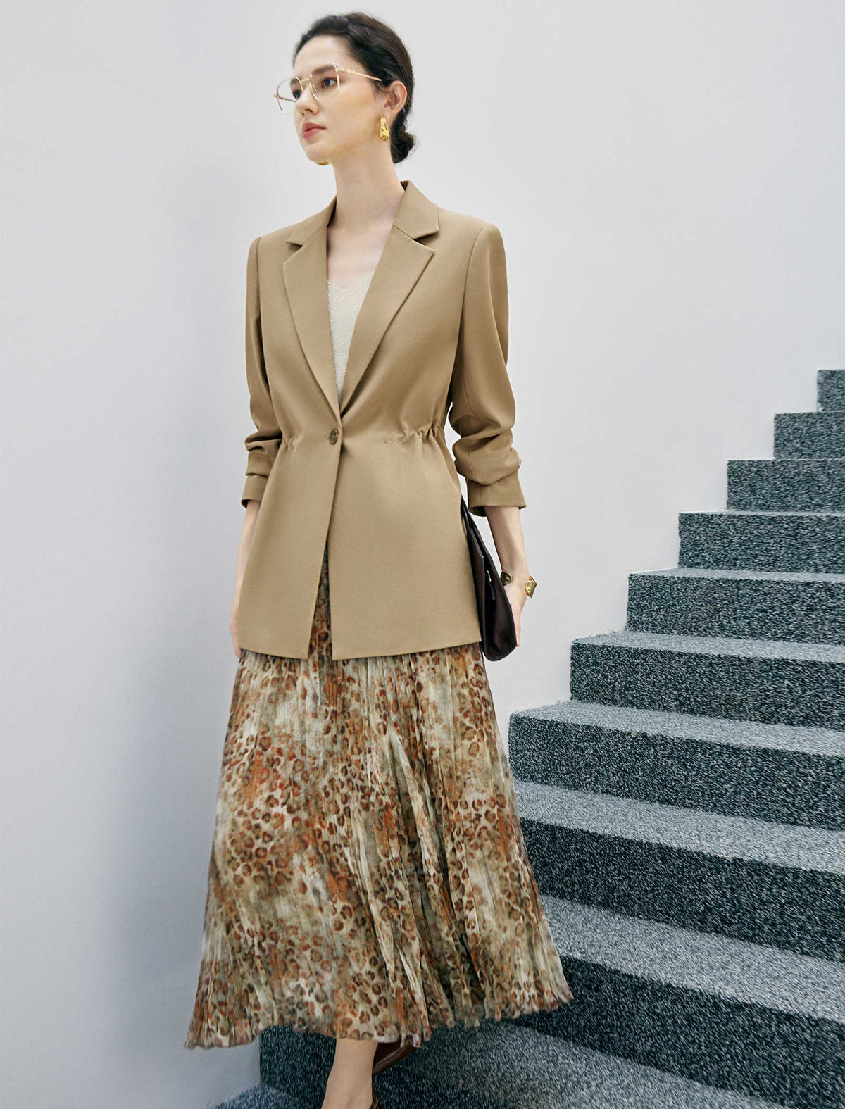 Abstract Print Pleated A-Line Midi Skirt