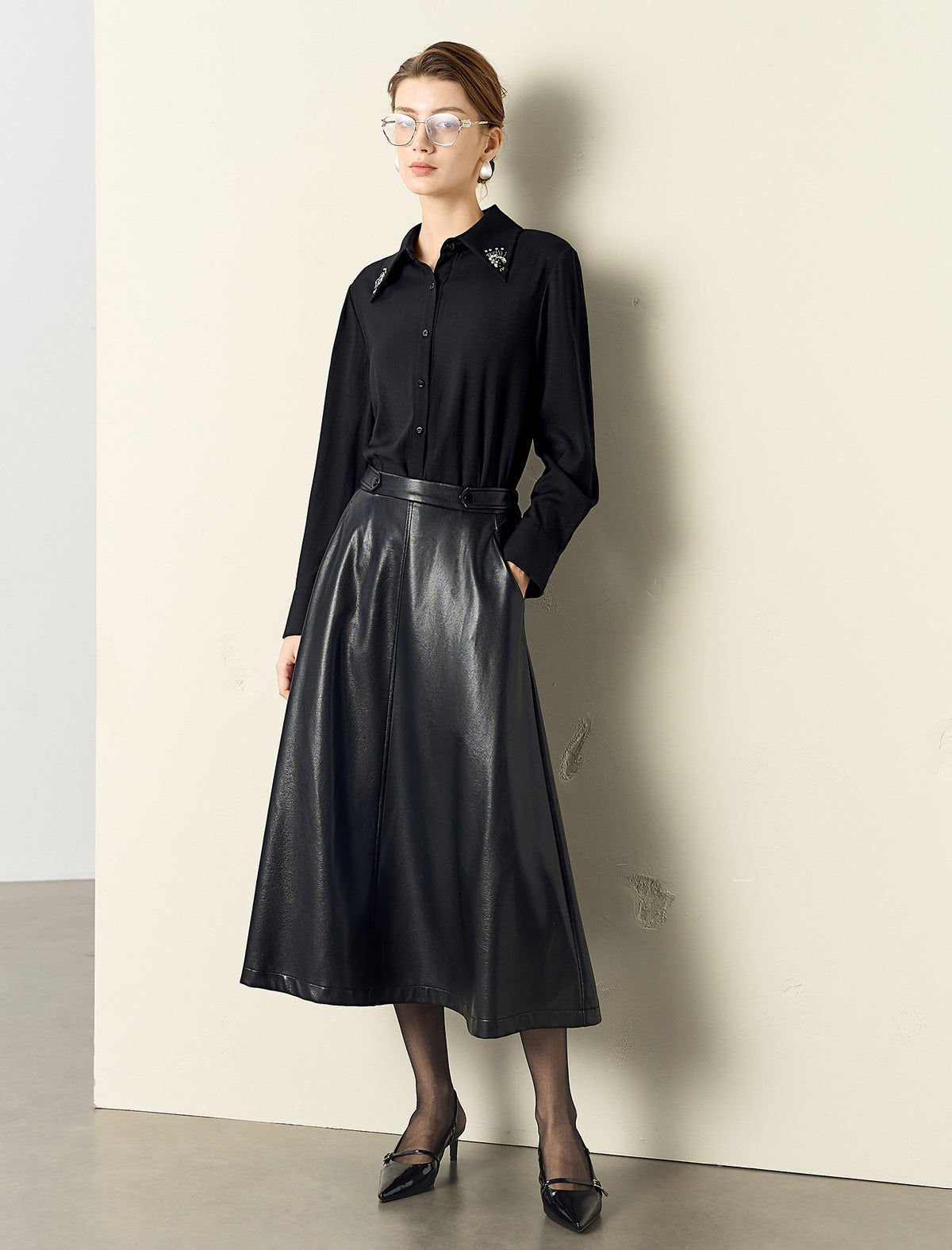 A-Line PU Leather Midi Skirt