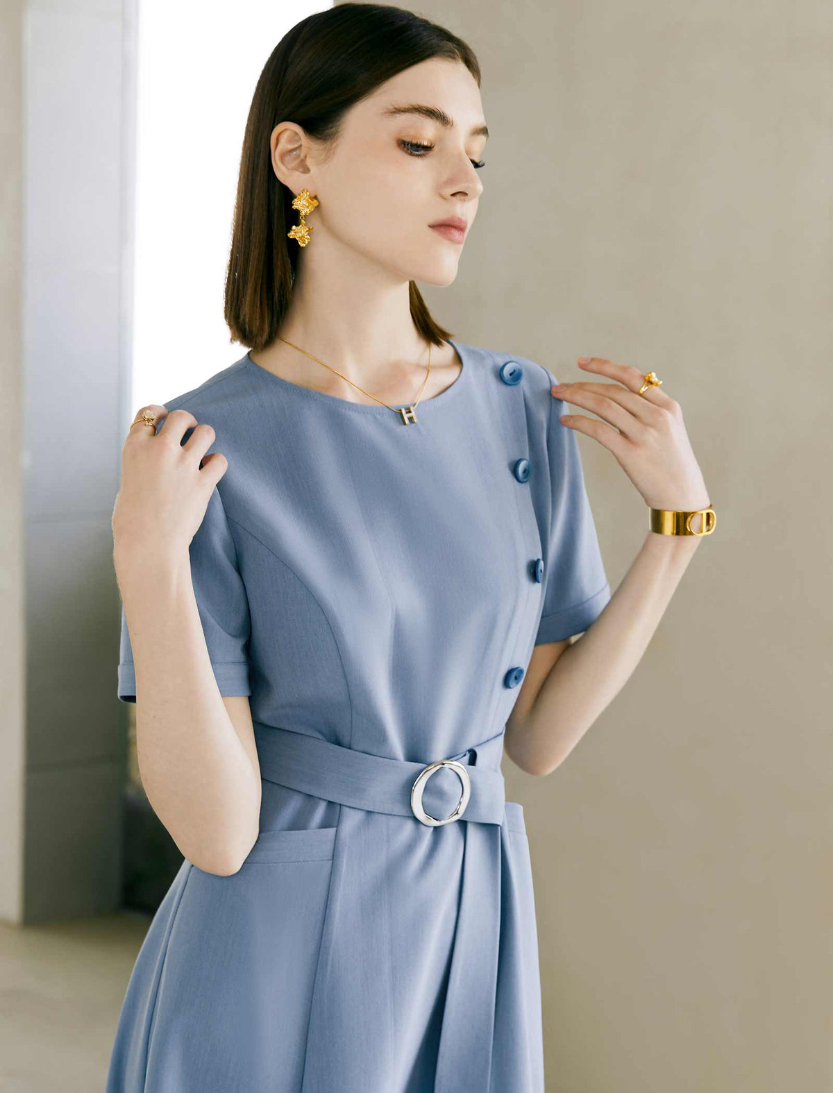Solid Crew Neck Waist-Cinched Button Dress