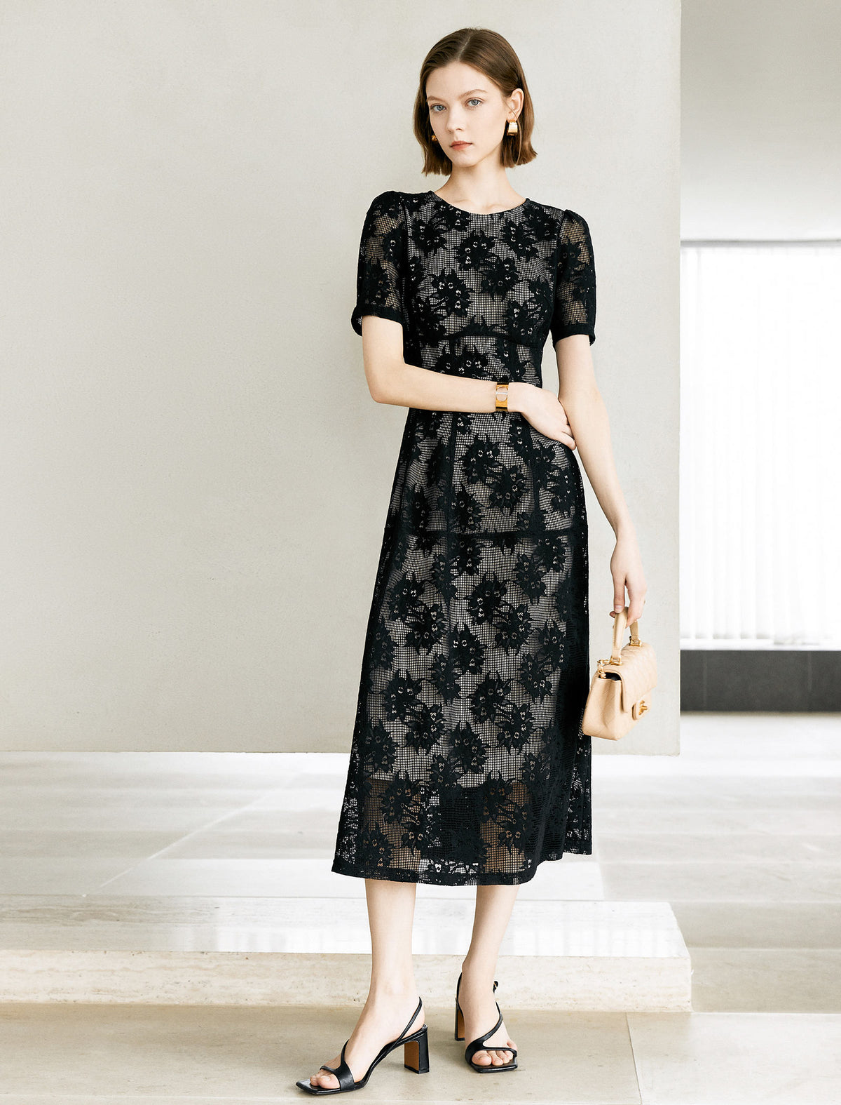 Noir Flocked Lace Midi Dress