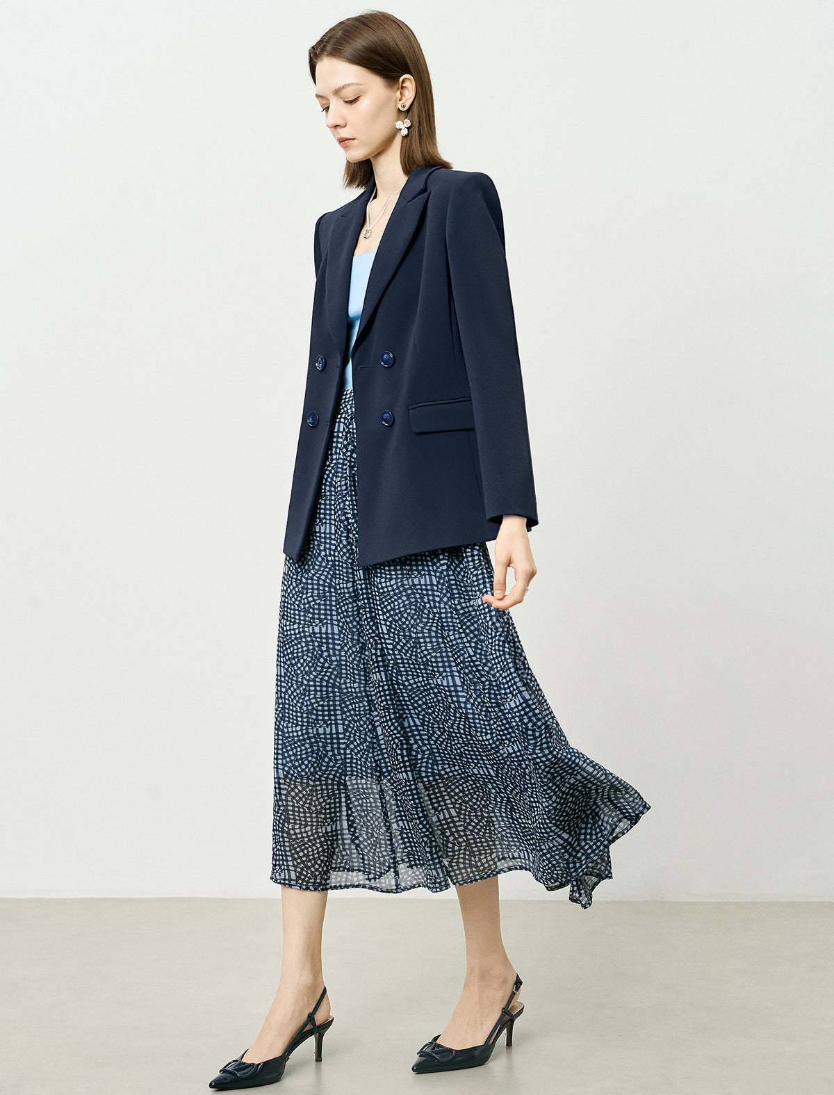 Blue Checkered Chiffon Midi Skirt