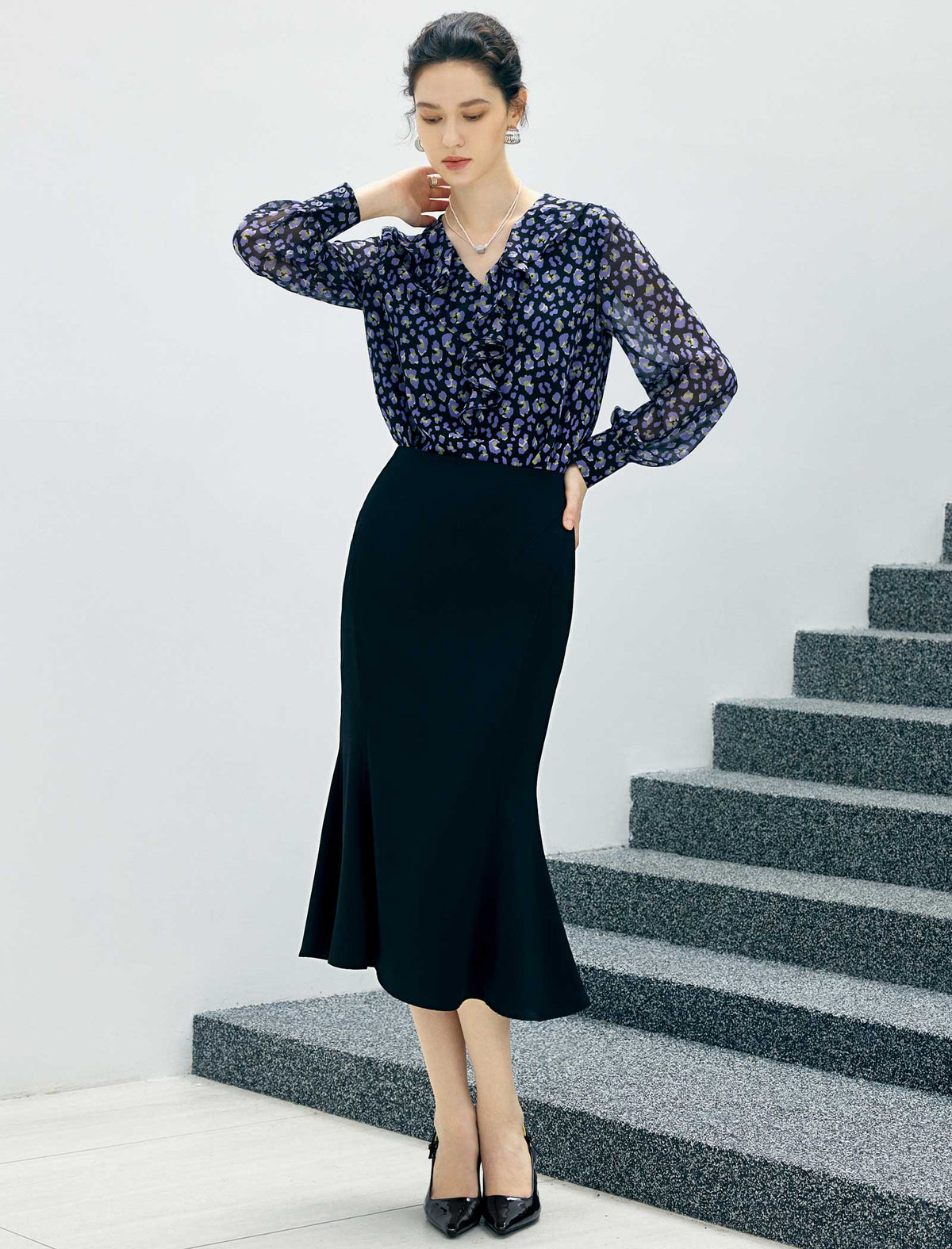High Waist Flounce Hem Midi Skirt