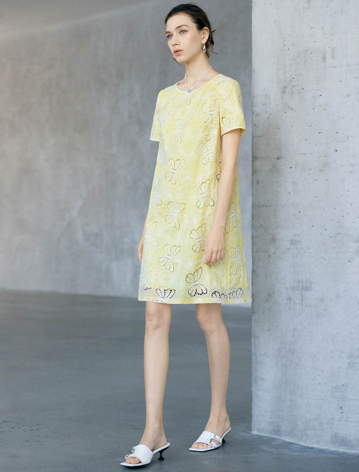 Yellow Butterfly Eyelet Embroidery Short Sleeve Shift Mini Dress