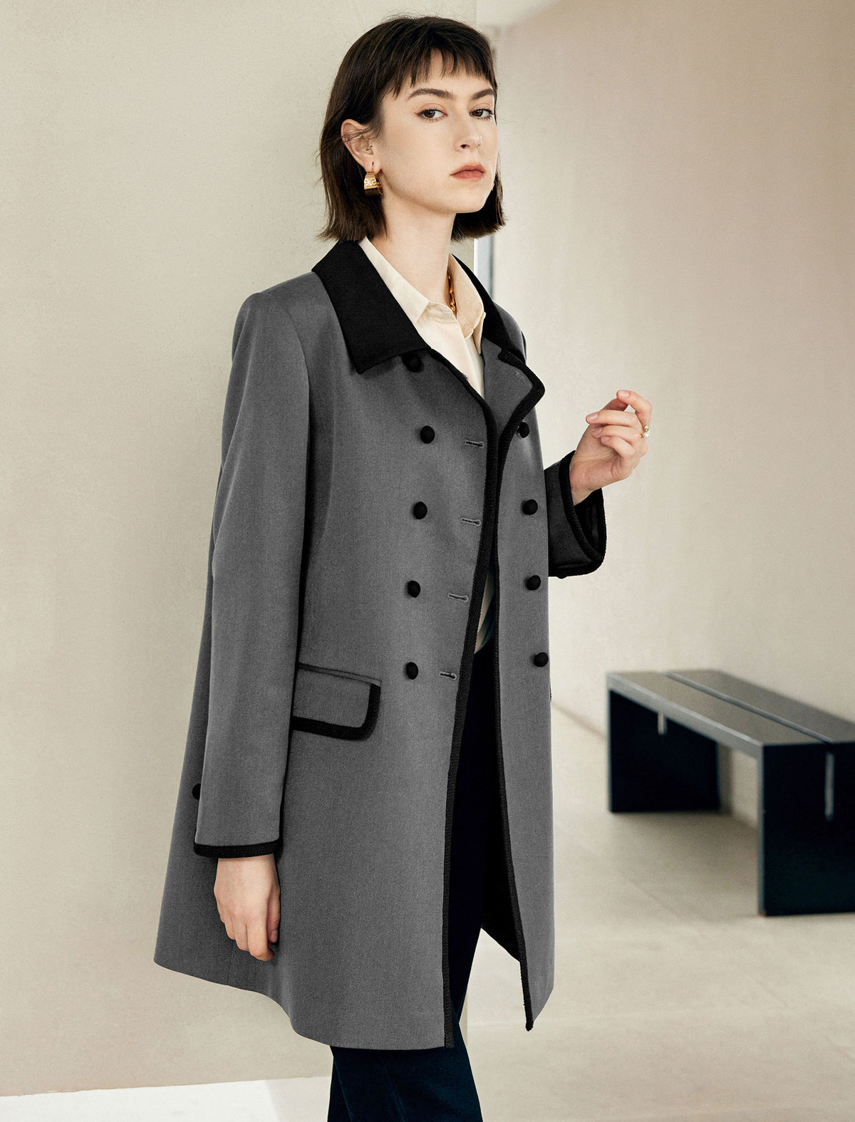 Contrast-Trim Double-Breasted Trench Coat