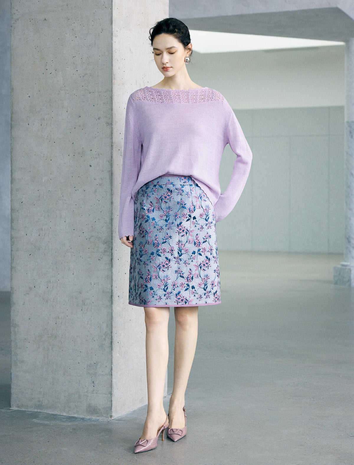 High Waist Floral Jacquard A Line Midi Skirt