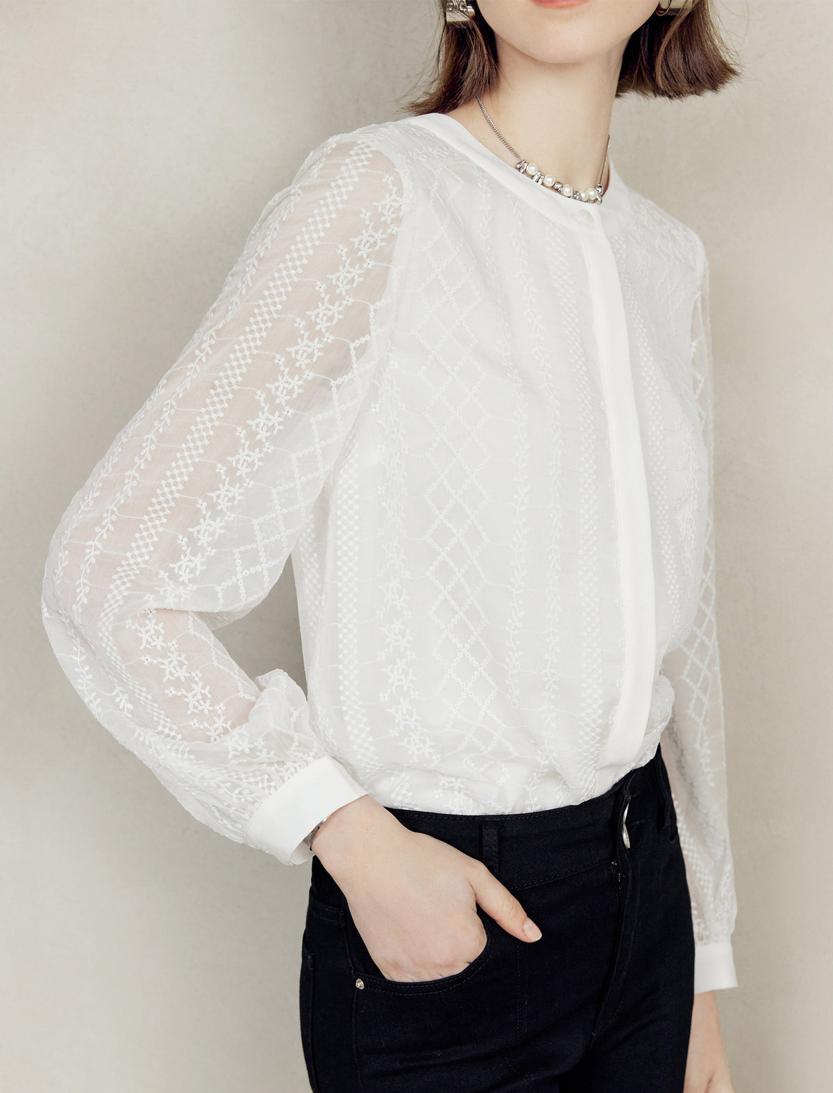 Lace Round Neck Button Front Blouse