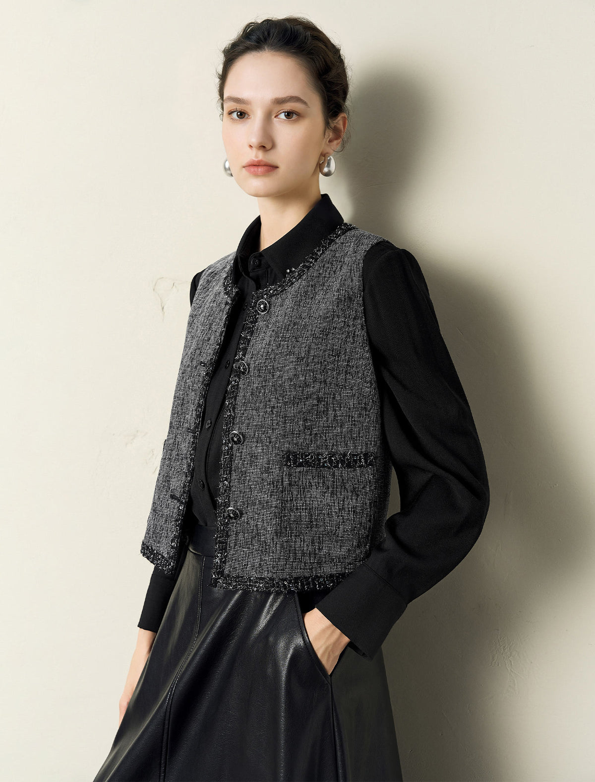 Black Trim Tweed Vest