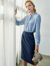 Light Blue Pleated Mock-Neck Blouse