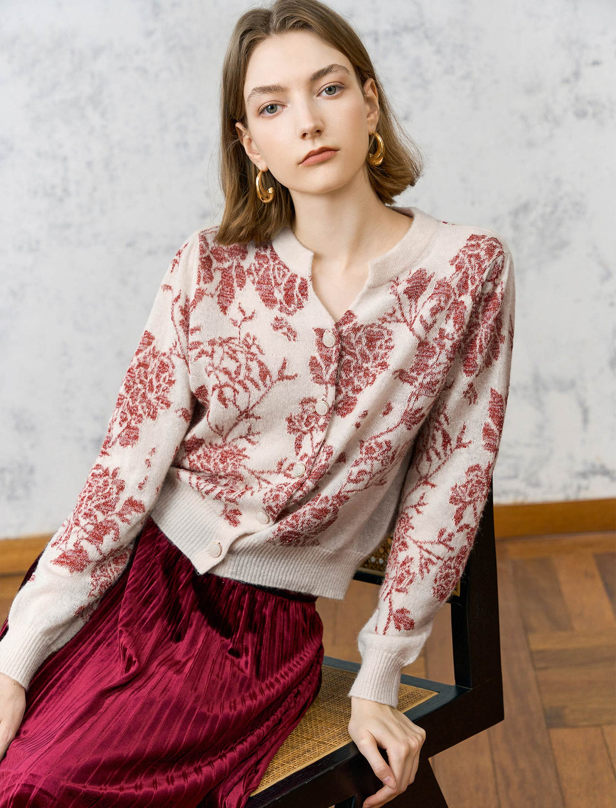 Wool Floral Jacquard Long Sleeve Knit Cardigan