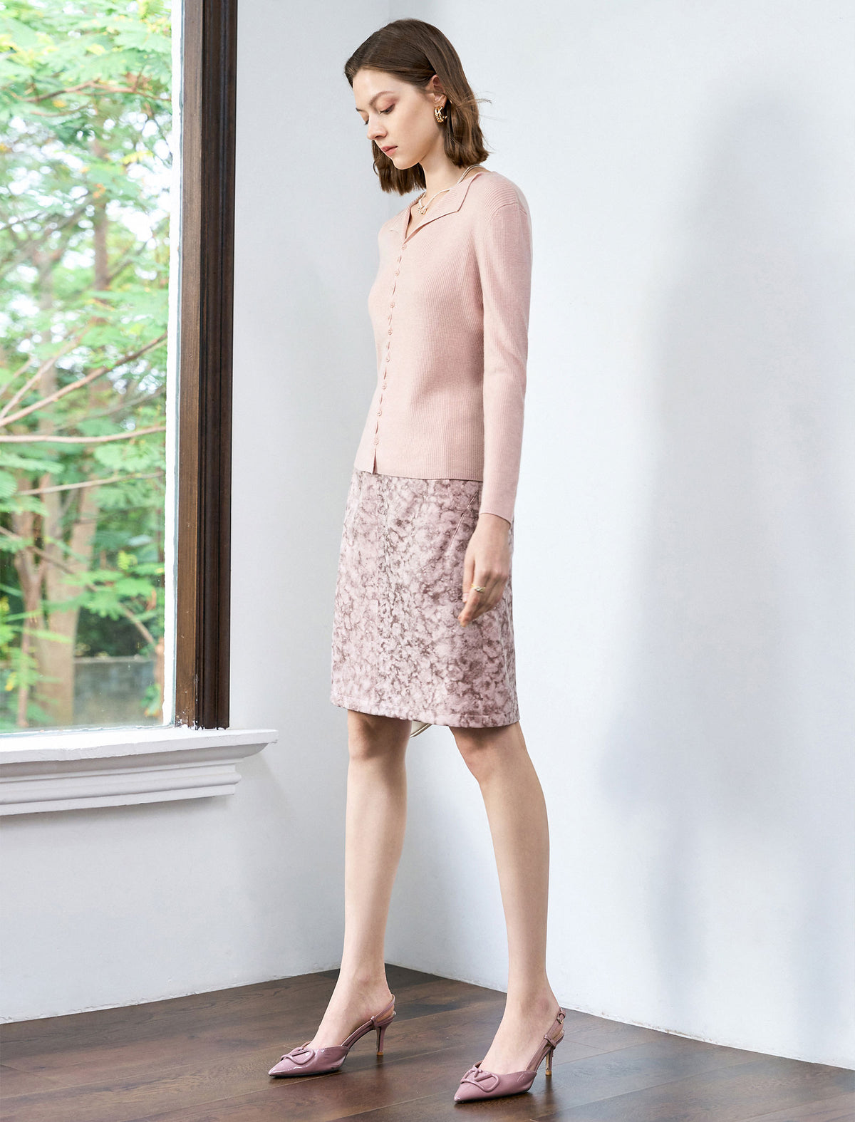Notched Collar Full Button Long Sleeve Rib Knit Top