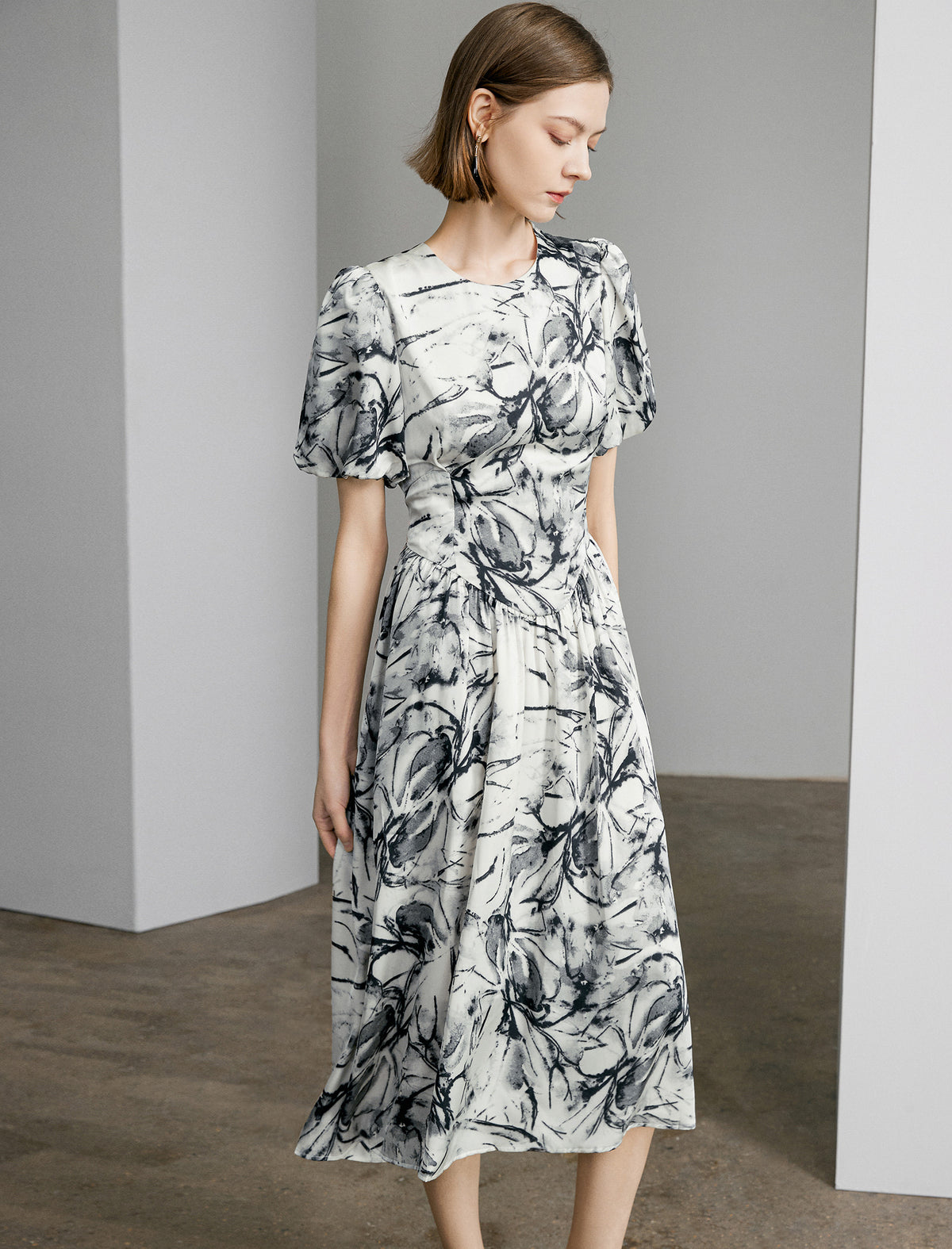 Watercolor Floral Puff Sleeve Midi Dress
