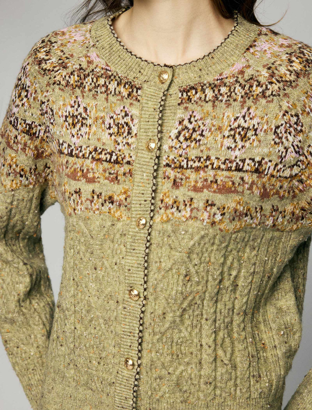 Wool Blend Fair Isle Cable-Knit Crewneck Button-Front Cardigan