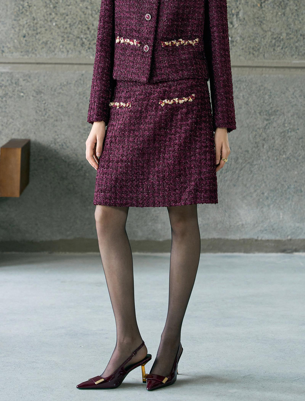 Burgundy Tweed Wool-Blend Mini Skirt