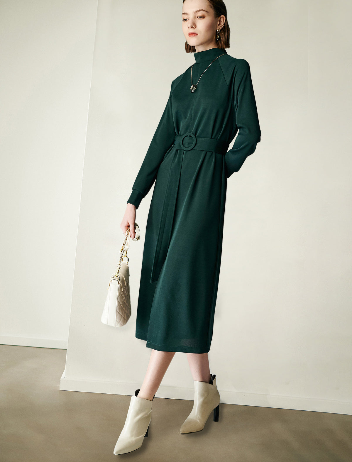 Knit Turtleneck Long Sleeve Belted Dress
