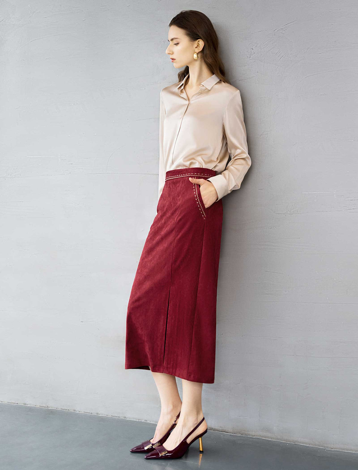 Burgundy Faux Suede Midi Pencil Skirt