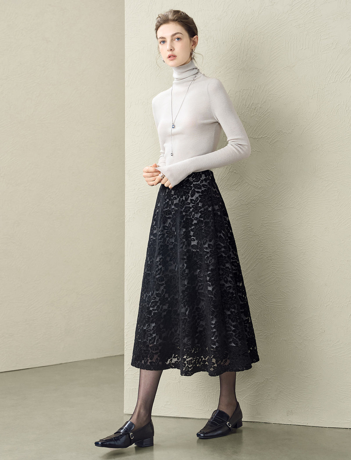 Black Floral Lace Midi Skirt