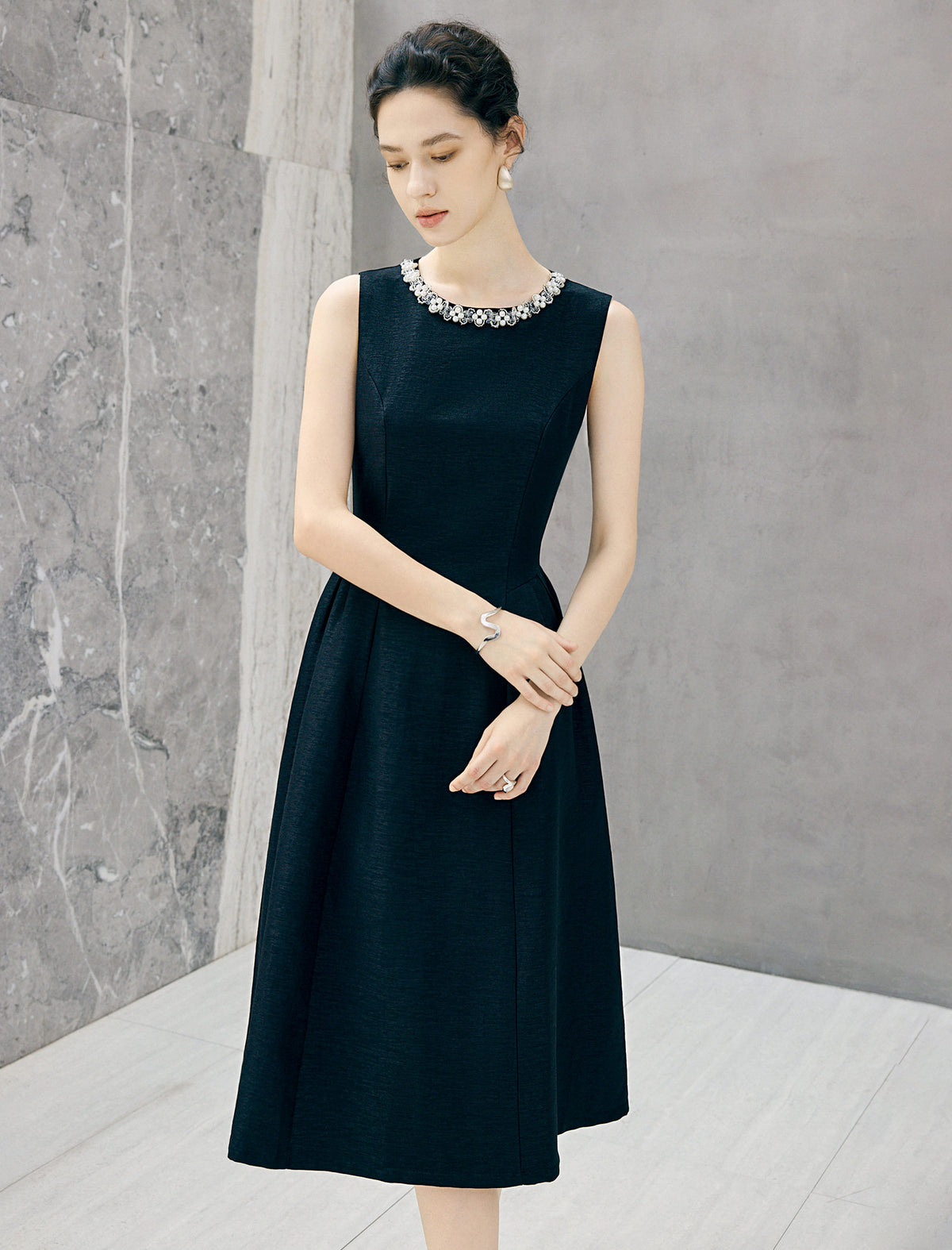 Beaded Round Neck Sleeveless Midi Dress