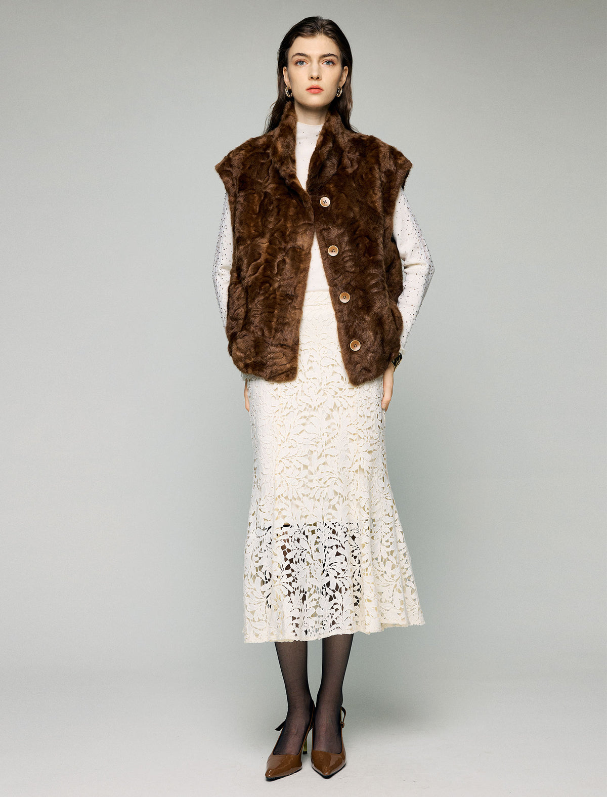 Stand-Collar Button-Front Sleeveless Cropped Vest