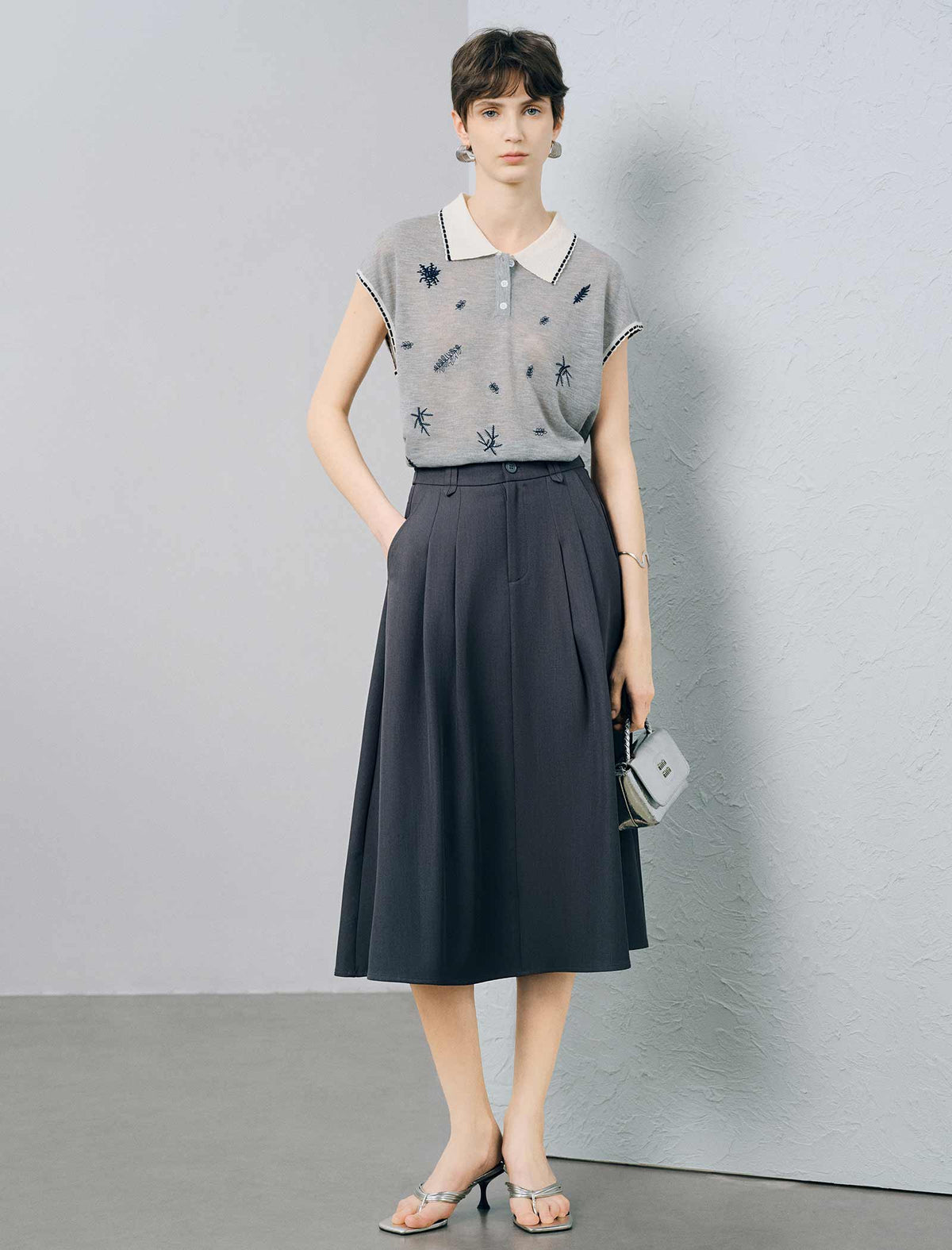Dark Grey High Waist Pleated Pocket A-Line Midi Skirt