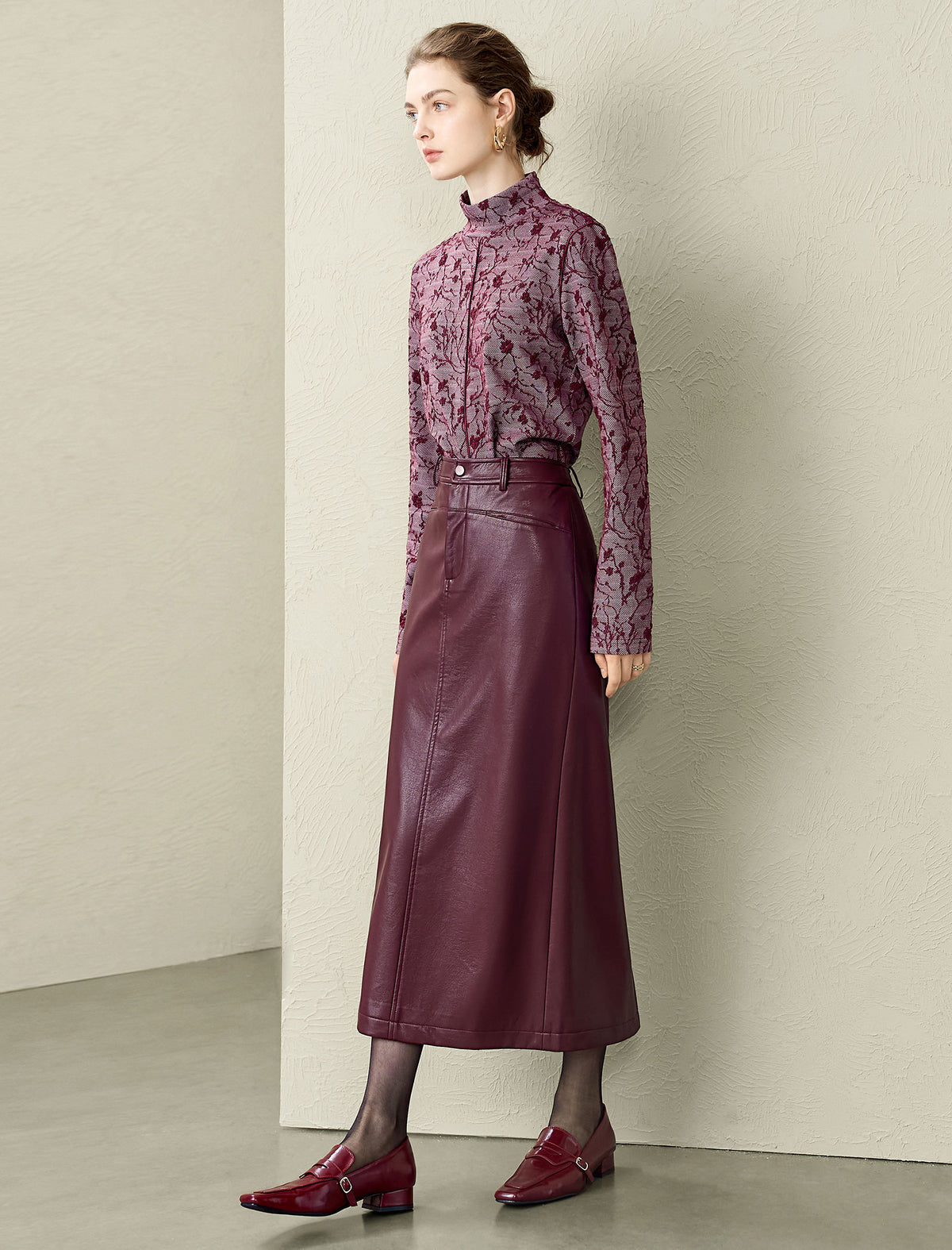 Burgundy Floral Lace Mock Neck Top