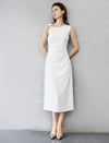 Shoulder Ruched Waist Midi Sheath Dress With Metal Buckle